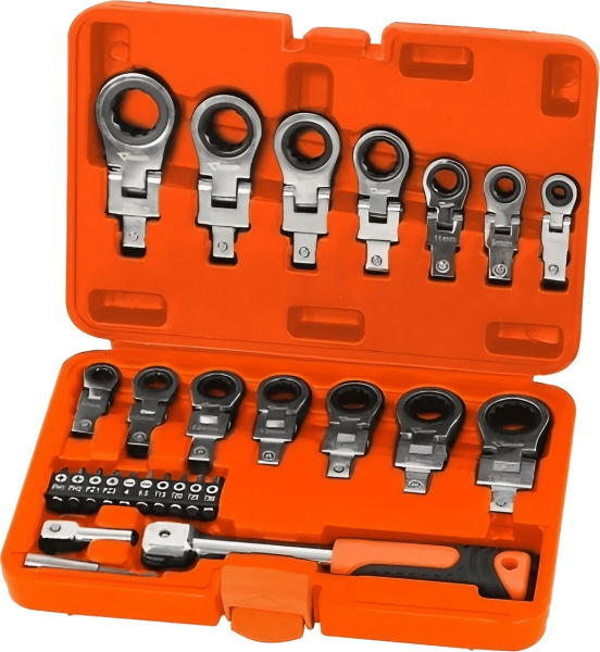Набор шарнирных насадок накидных и бит с рукояткой MAXPILER MXTF-27-SET (27 шт, 2 адаптера, кейс)